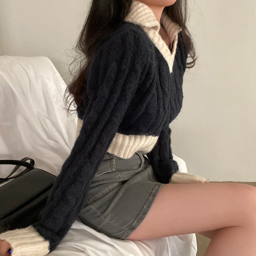 있음 선적 한국 chic 배색 폴로 칼라 레트로 꽈배기 쇼트 스타일 스웨터 긴팔 V넥 니트 스웨터 여자 상세 이미지 9