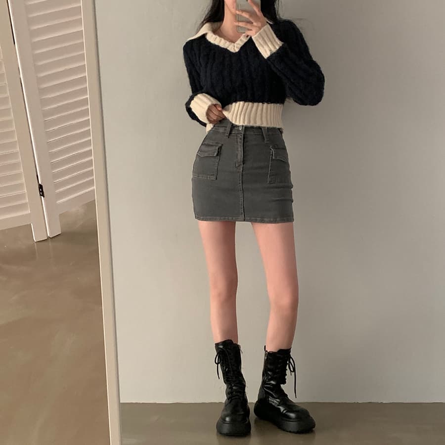있음 선적 한국 chic 배색 폴로 칼라 레트로 꽈배기 쇼트 스타일 스웨터 긴팔 V넥 니트 스웨터 여자 상세 이미지 10