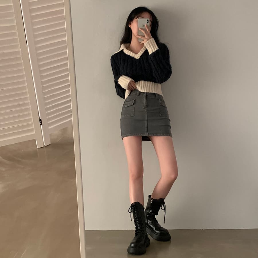 있음 선적 한국 chic 배색 폴로 칼라 레트로 꽈배기 쇼트 스타일 스웨터 긴팔 V넥 니트 스웨터 여자 상세 이미지 12