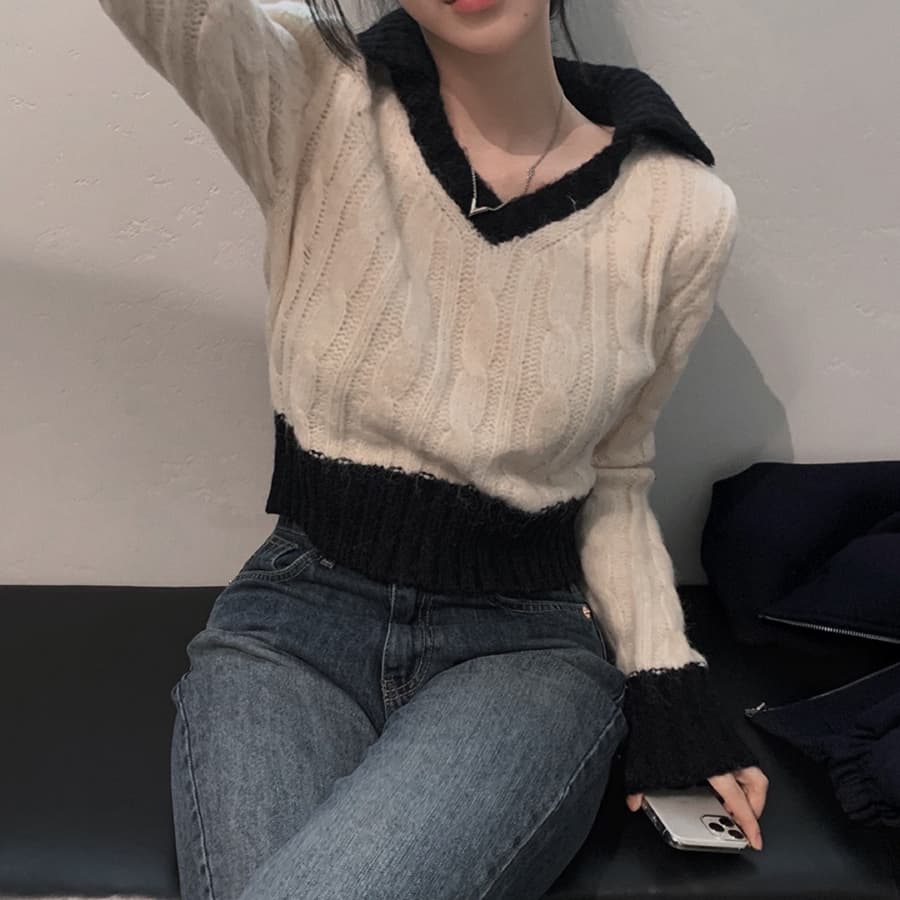 있음 선적 한국 chic 배색 폴로 칼라 레트로 꽈배기 쇼트 스타일 스웨터 긴팔 V넥 니트 스웨터 여자 상세 이미지 17