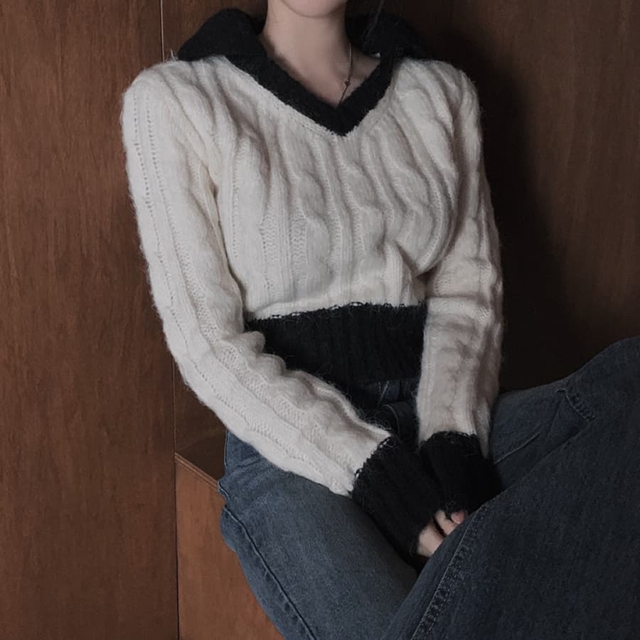 있음 선적 한국 chic 배색 폴로 칼라 레트로 꽈배기 쇼트 스타일 스웨터 긴팔 V넥 니트 스웨터 여자 상세 이미지 24