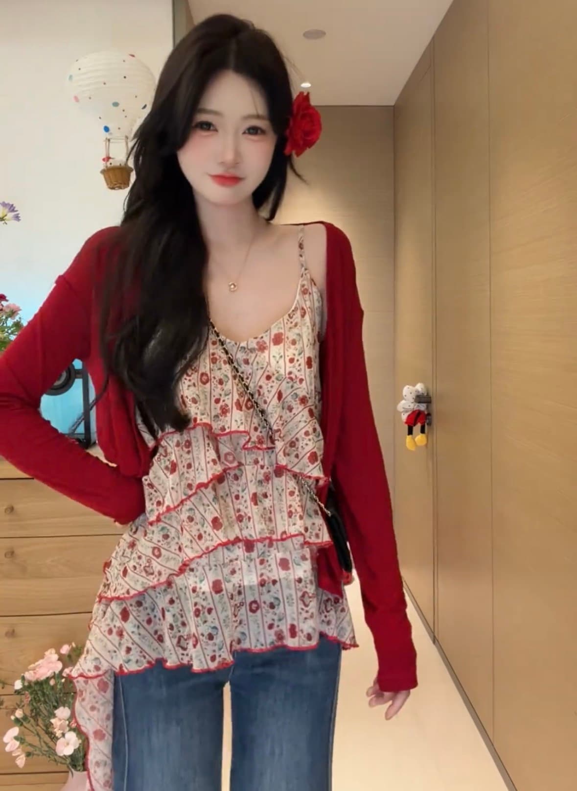 한 부서 레트로 불규칙 프릴 꽃무늬 슬립 새로운 빨간색 오픈 가디건 여성 휴가 바람 착용 가져 가라. 투피스 세트 상세 이미지 1