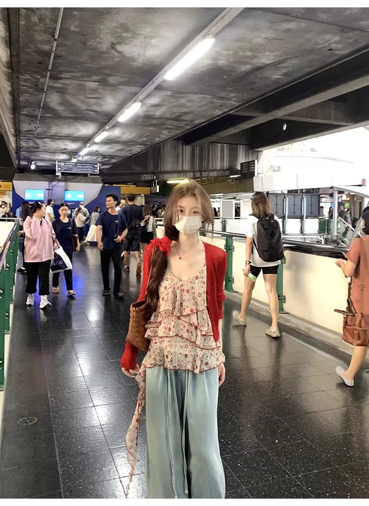 한 부서 레트로 불규칙 프릴 꽃무늬 슬립 새로운 빨간색 오픈 가디건 여성 휴가 바람 착용 가져 가라. 투피스 세트 상세 이미지 9