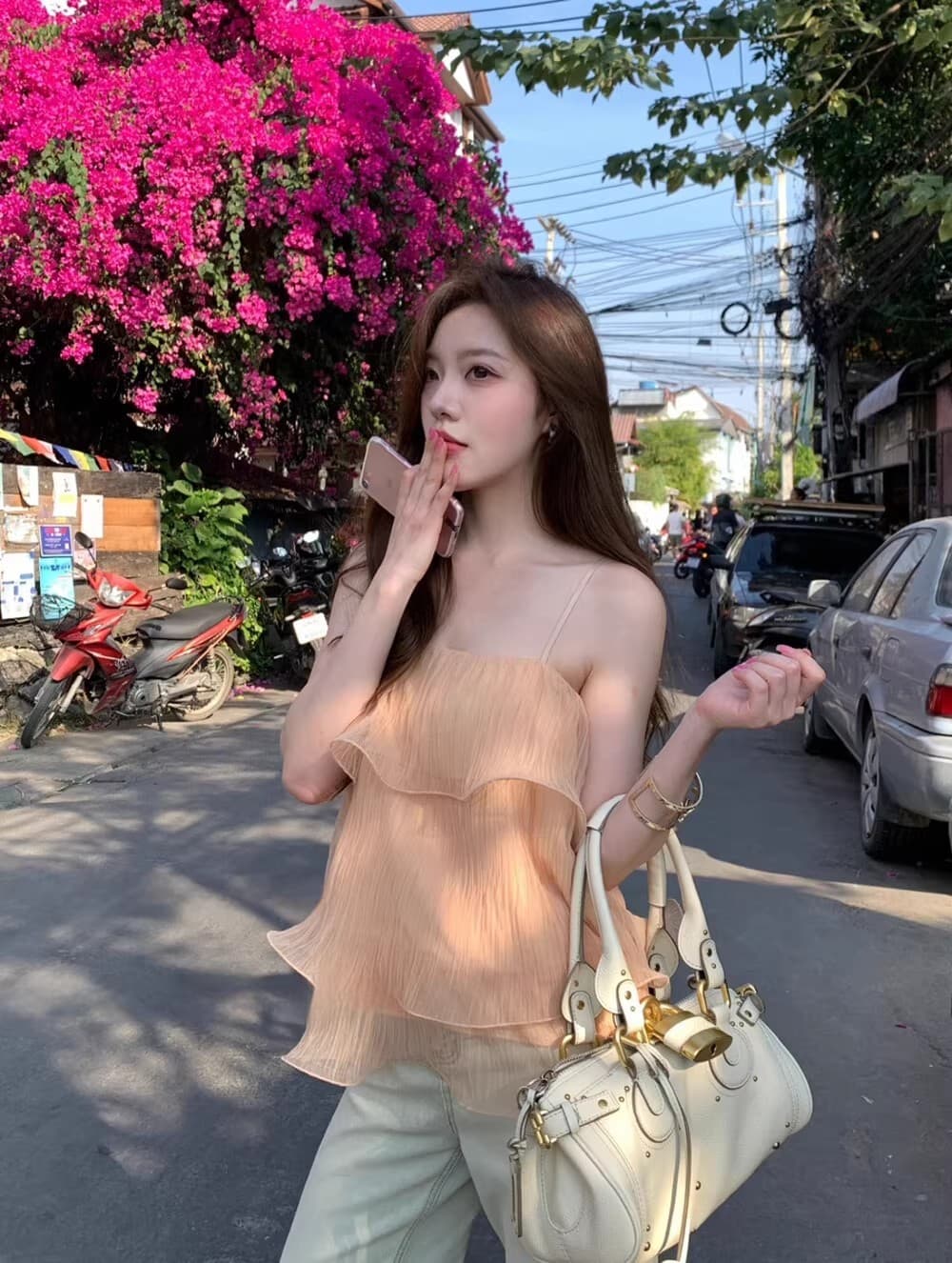 부드러운 바람 연꽃 잎 해변가 휴가 측면 캐미솔 여름 외출용 고유 한 아름다운 아름다운 작은 셔츠 맨위
