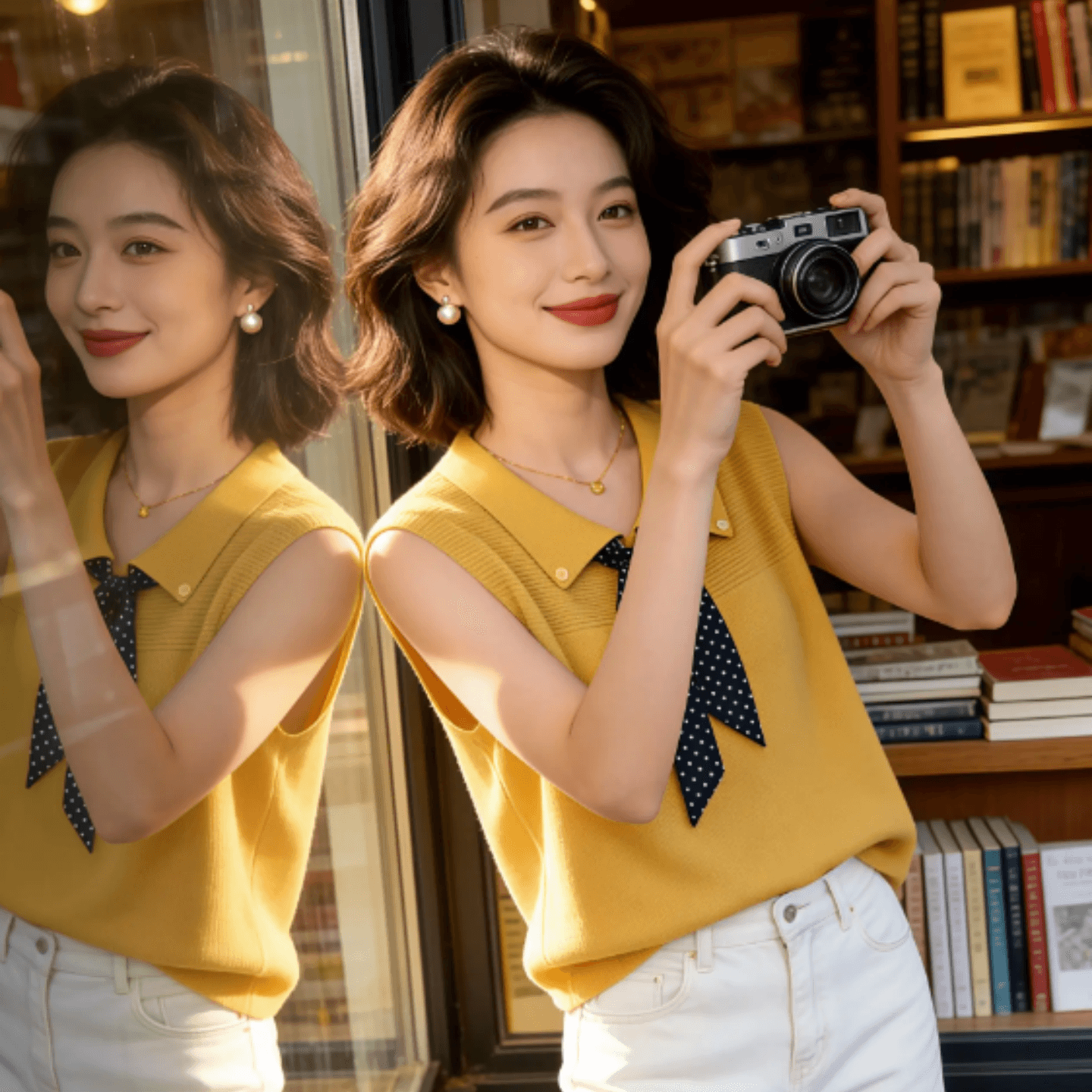 디자인 센스 도트 무늬 스카프 POLO 칼라 니트 조끼 여성 여름 부드러운 바람 디스플레이 화이트 황색 루즈핏 슬림해 보이는 맨위