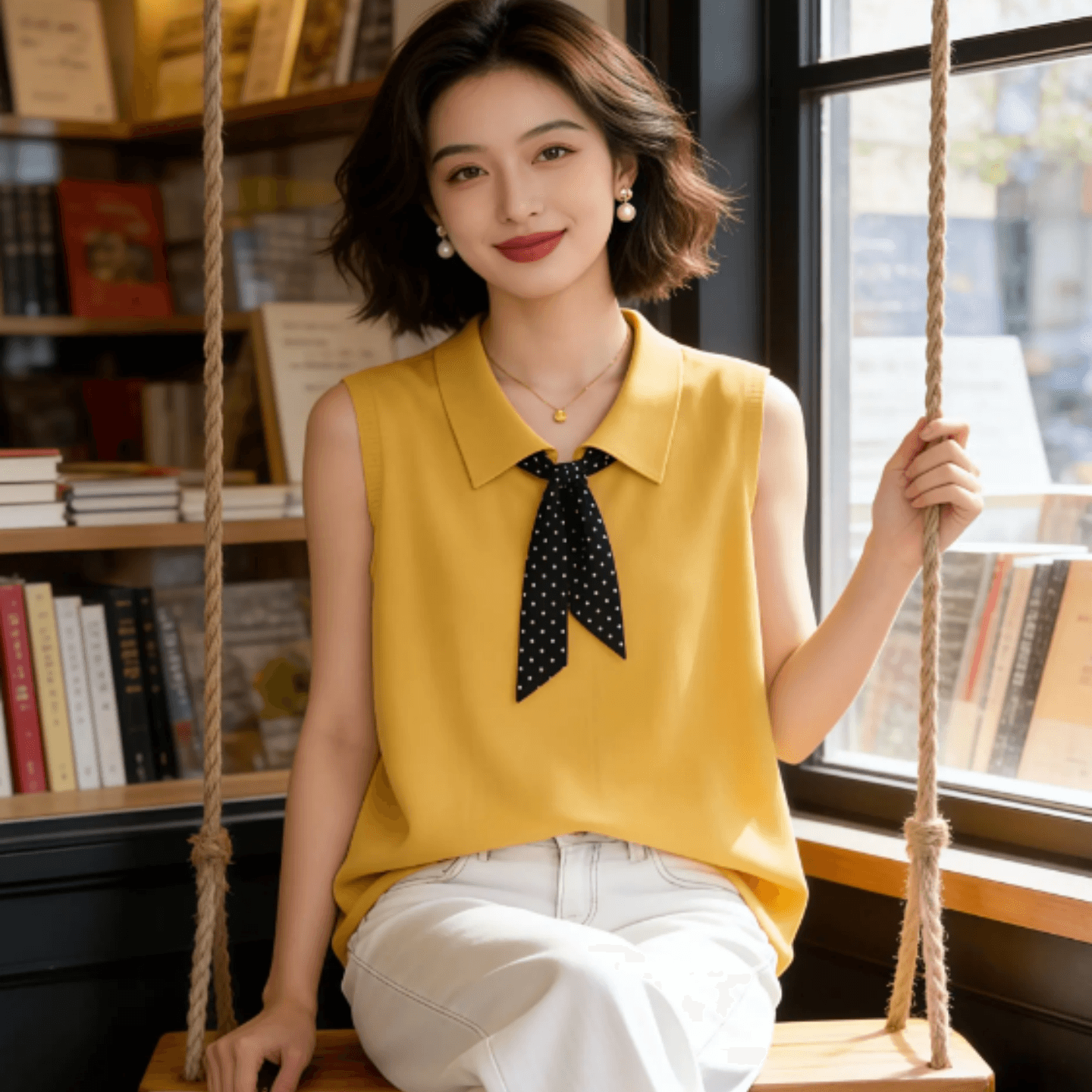 디자인 센스 도트 무늬 스카프 POLO 칼라 니트 조끼 여성 여름 부드러운 바람 디스플레이 화이트 황색 루즈핏 슬림해 보이는 맨위 상세 이미지 2