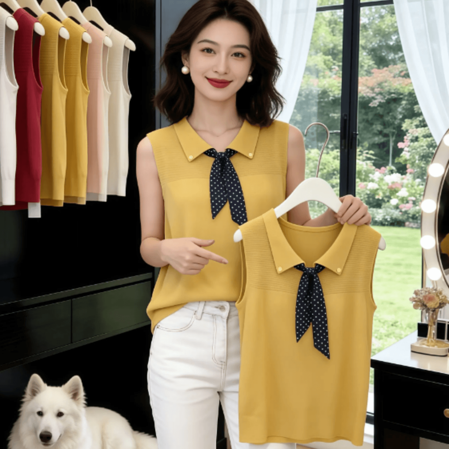 디자인 센스 도트 무늬 스카프 POLO 칼라 니트 조끼 여성 여름 부드러운 바람 디스플레이 화이트 황색 루즈핏 슬림해 보이는 맨위 상세 이미지 5