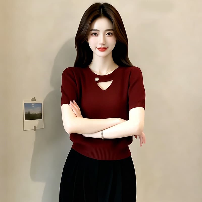 디자인 센스 홀로우 아웃 패치워크 반팔 니트 스웨터 여성 2026 여름 새로운 외국 가스 몸매 가꾸기 슬림해 보이는 맨위 상세 이미지 3