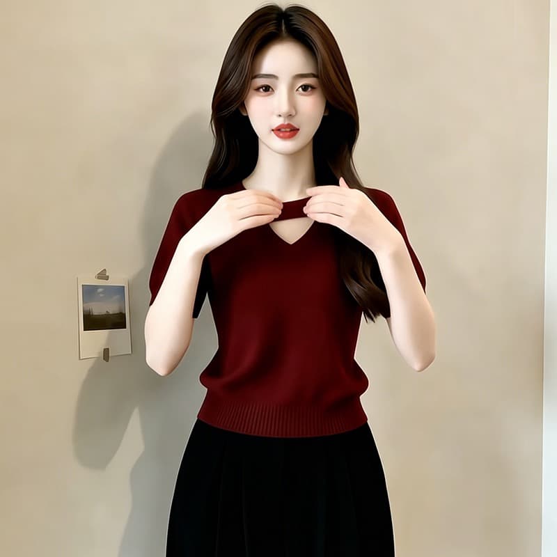디자인 센스 홀로우 아웃 패치워크 반팔 니트 스웨터 여성 2026 여름 새로운 외국 가스 몸매 가꾸기 슬림해 보이는 맨위 상세 이미지 4