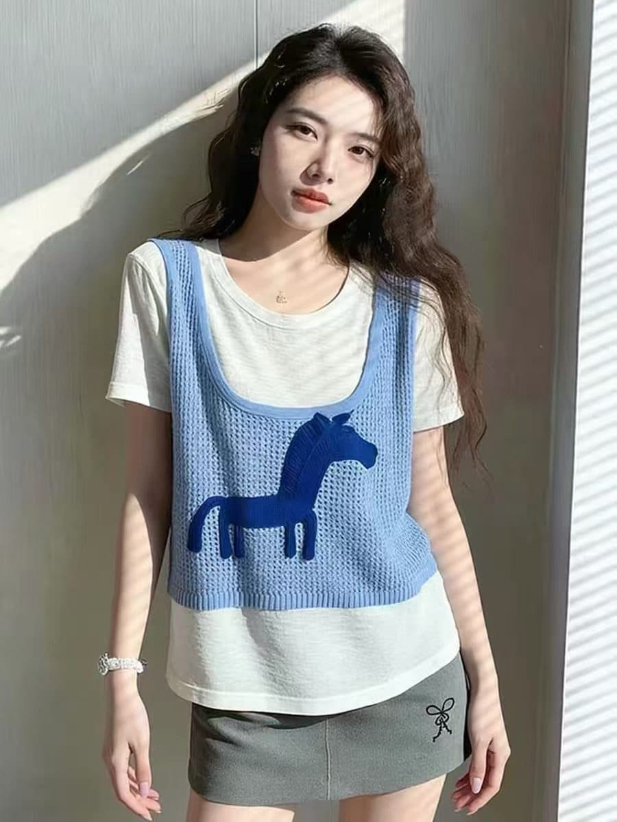 2026 여름 새로운 루즈핏 패션 페이크 레이어드 품격 다용도 캐주얼 한 부서 레트로 티셔츠 반팔 상세 이미지 1