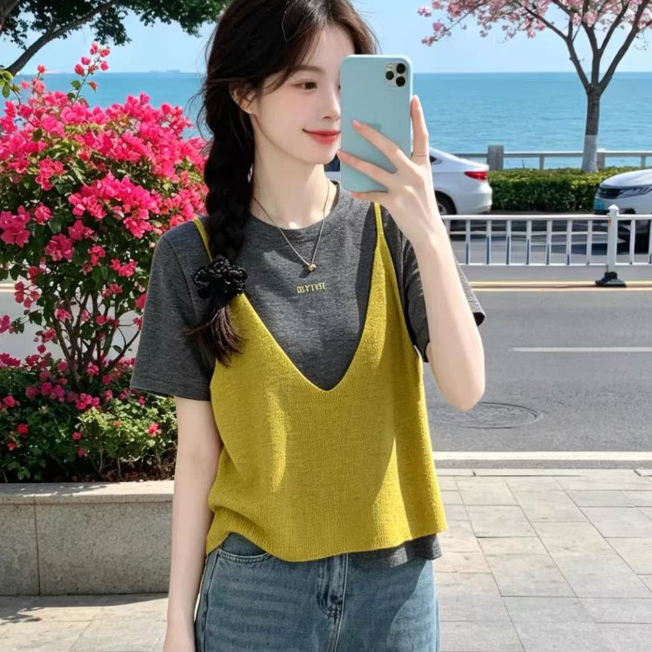 디자인 센스 페이크 레이어드 배색 라운드 넥 맨위 여성 빅 사이즈 지방 mm 여름 한 스타일 chic 루즈핏 슬림해 보이는 니트 스웨터 상세 이미지 6