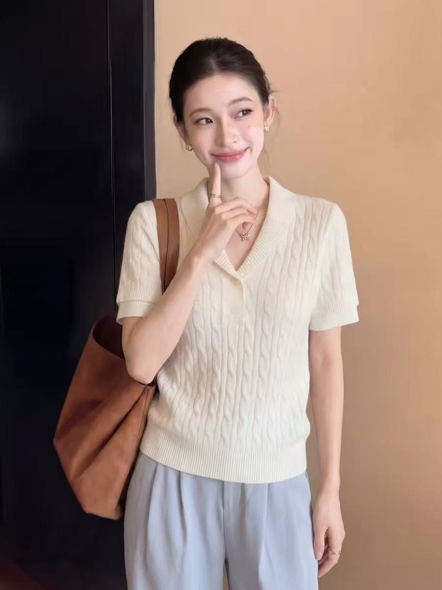 오래된 돈 바람 카키 색 폴로 칼라 니트 반팔 티셔츠 여성 여름 몸매 가꾸기 품격 고유 한 아름다운 그레이트 봐. 의류 상세 이미지 3