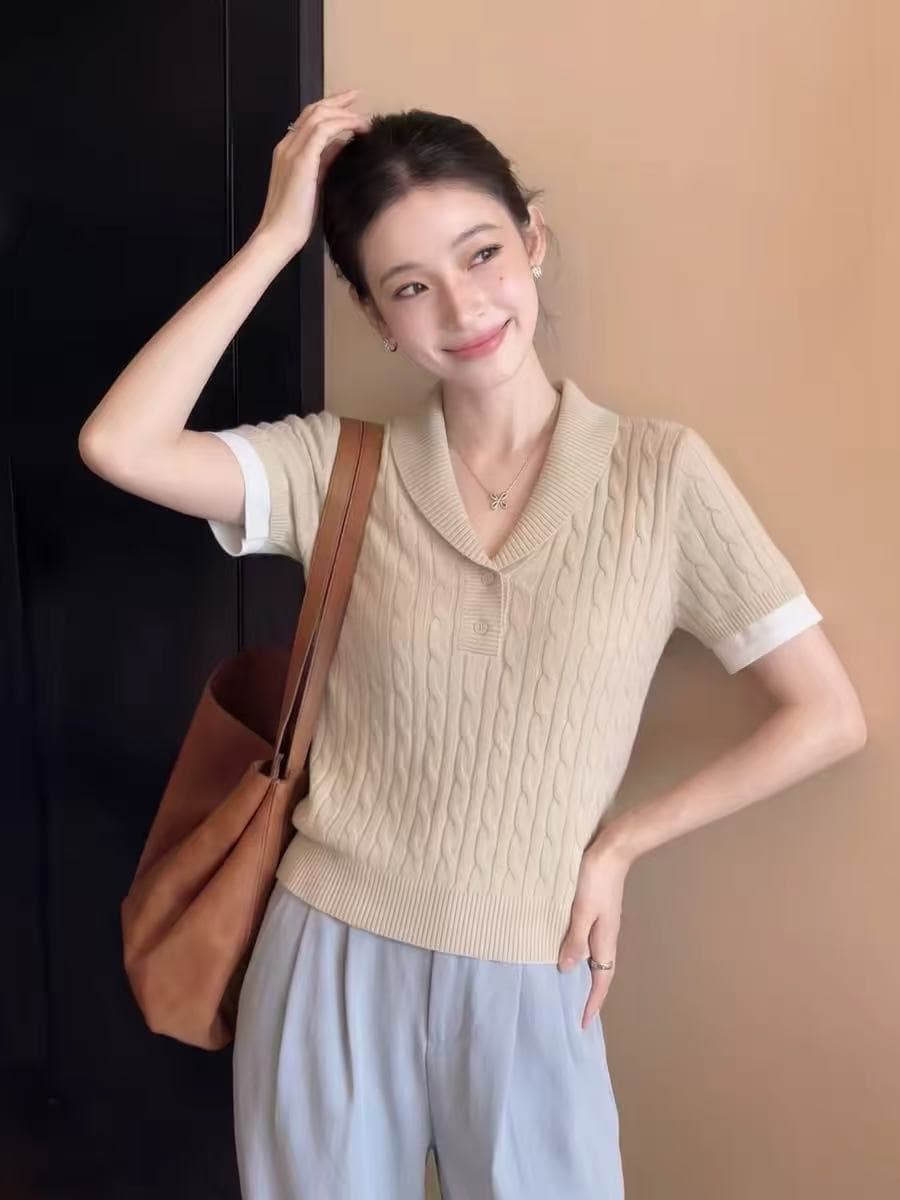 오래된 돈 바람 카키 색 폴로 칼라 니트 반팔 티셔츠 여성 여름 몸매 가꾸기 품격 고유 한 아름다운 그레이트 봐. 의류 상세 이미지 7