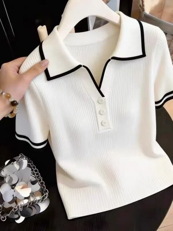 화이트 POLO 칼라 니트 반팔 여성 2026 새로운 여름 배색 구덩이 기사 슬림해 보이는 품격 다용도 쇼트 스타일 맨위 이미지 4