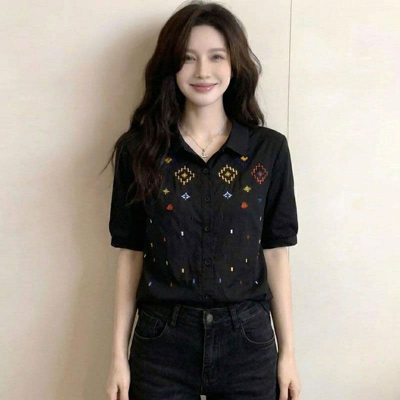 캐주얼 연령 감소 배색 자수 자카드 여성 셔츠 여름 빅 사이즈 통통한 여동생 레트로 품격 슬림해 보이는 표지 고기 맨위 상세 이미지 4