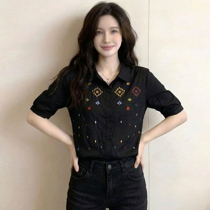 캐주얼 연령 감소 배색 자수 자카드 여성 셔츠 여름 빅 사이즈 통통한 여동생 레트로 품격 슬림해 보이는 표지 고기 맨위 상세 이미지 6