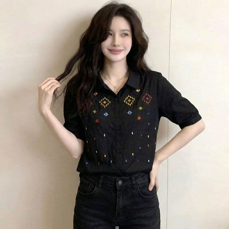 캐주얼 연령 감소 배색 자수 자카드 여성 셔츠 여름 빅 사이즈 통통한 여동생 레트로 품격 슬림해 보이는 표지 고기 맨위 상세 이미지 9