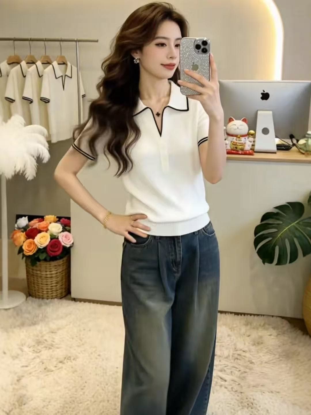 프랑스식 폴로 칼라 배색 고급 반팔 니트 스웨터 여성 여름 빅 사이즈 지방 mm 표지 배 슬림해 보이는 긍정적 인 어깨 V넥 맨위 상세 이미지 4