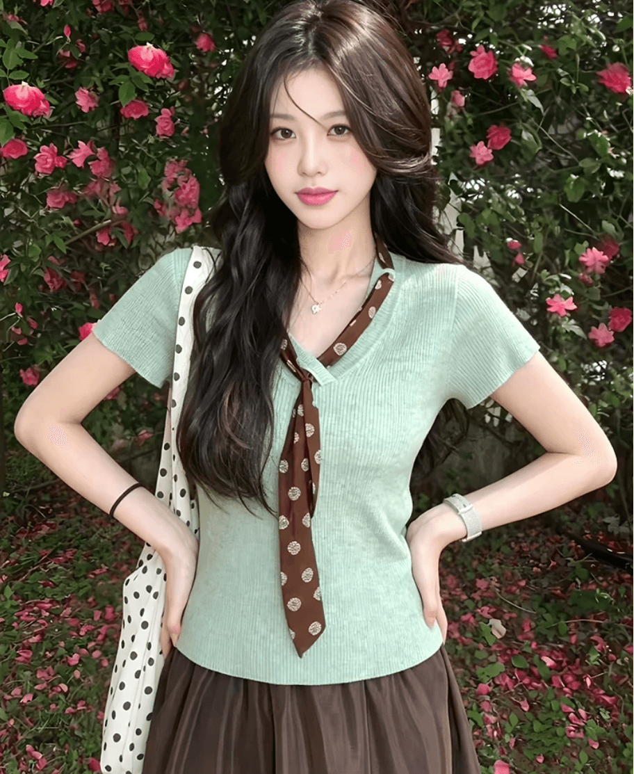 한 부서 녹색 V넥 리본 반팔 맨위 여자 여름 고급 센스 몸매 가꾸기 슬림해 보이는 쇼트 스타일 니트 스웨터 이미지 4