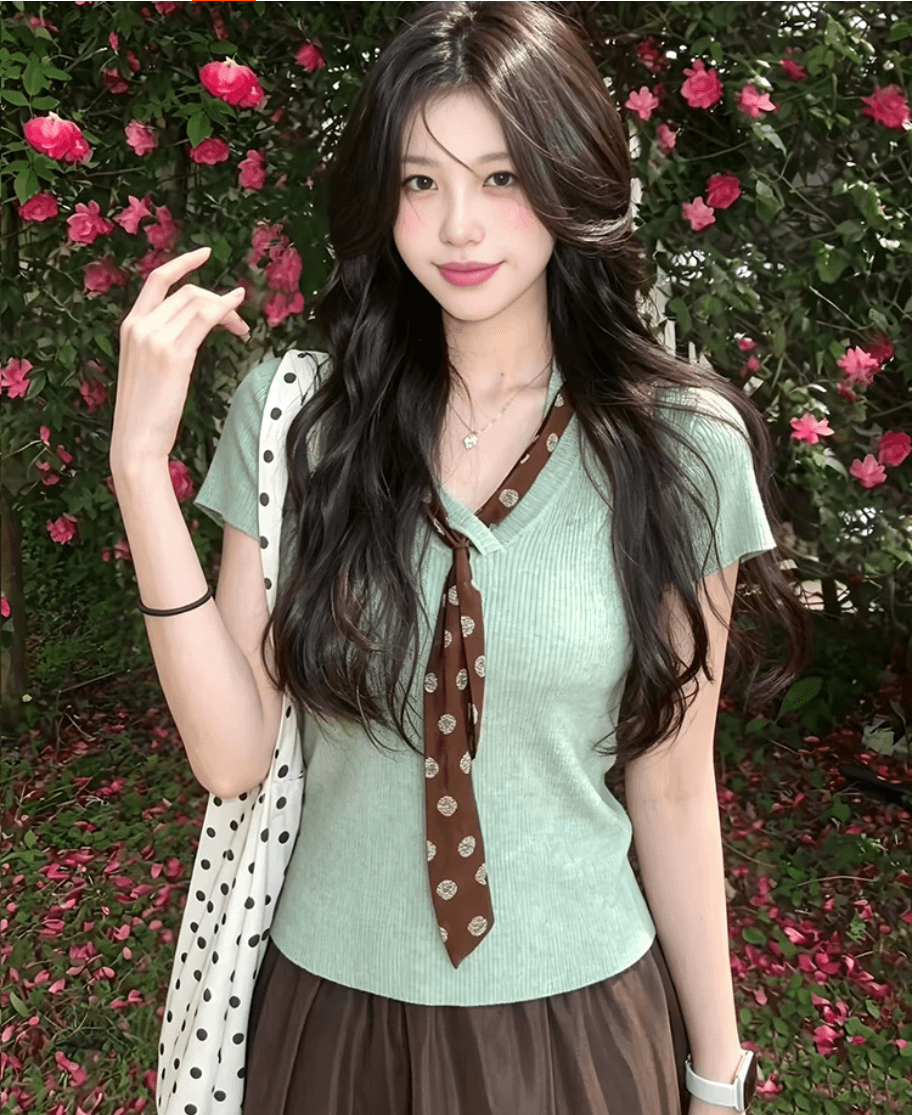 한 부서 녹색 V넥 리본 반팔 맨위 여자 여름 고급 센스 몸매 가꾸기 슬림해 보이는 쇼트 스타일 니트 스웨터 상세 이미지 7