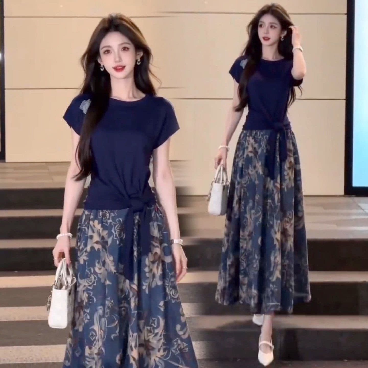 패션 세트 드레스 여성 2026 여름 새로운 외국 가스 반팔 레이스업 맨위 청화 백자 반신 스커트 두 조각 치마