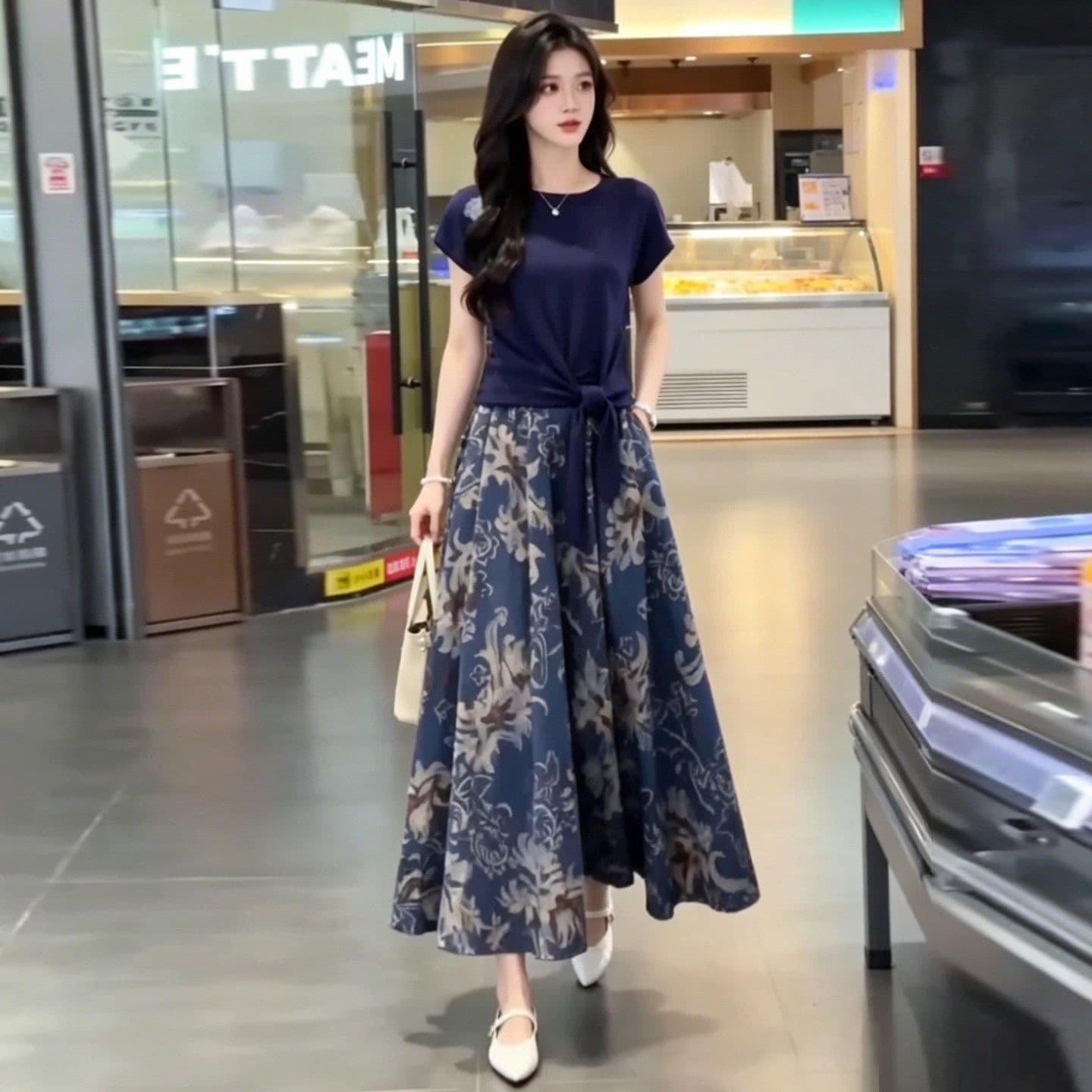 패션 세트 드레스 여성 2026 여름 새로운 외국 가스 반팔 레이스업 맨위 청화 백자 반신 스커트 두 조각 치마 상세 이미지 2