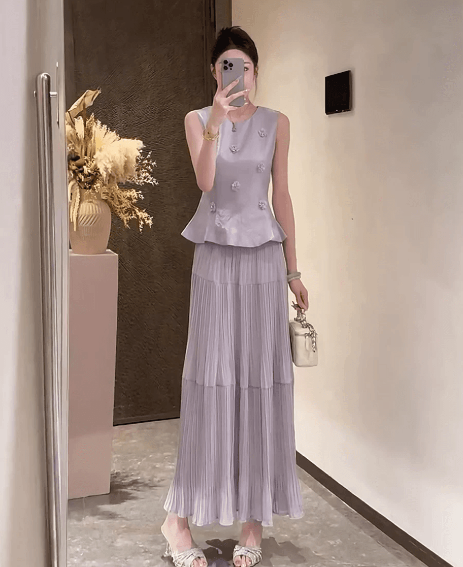 대 물품 모델 원본 2026 여름 드레스 고급 센스 작은 샤넬 스타일 민소매 베스트 맨위 반신 스커트 투피스 세트 상세 이미지 6