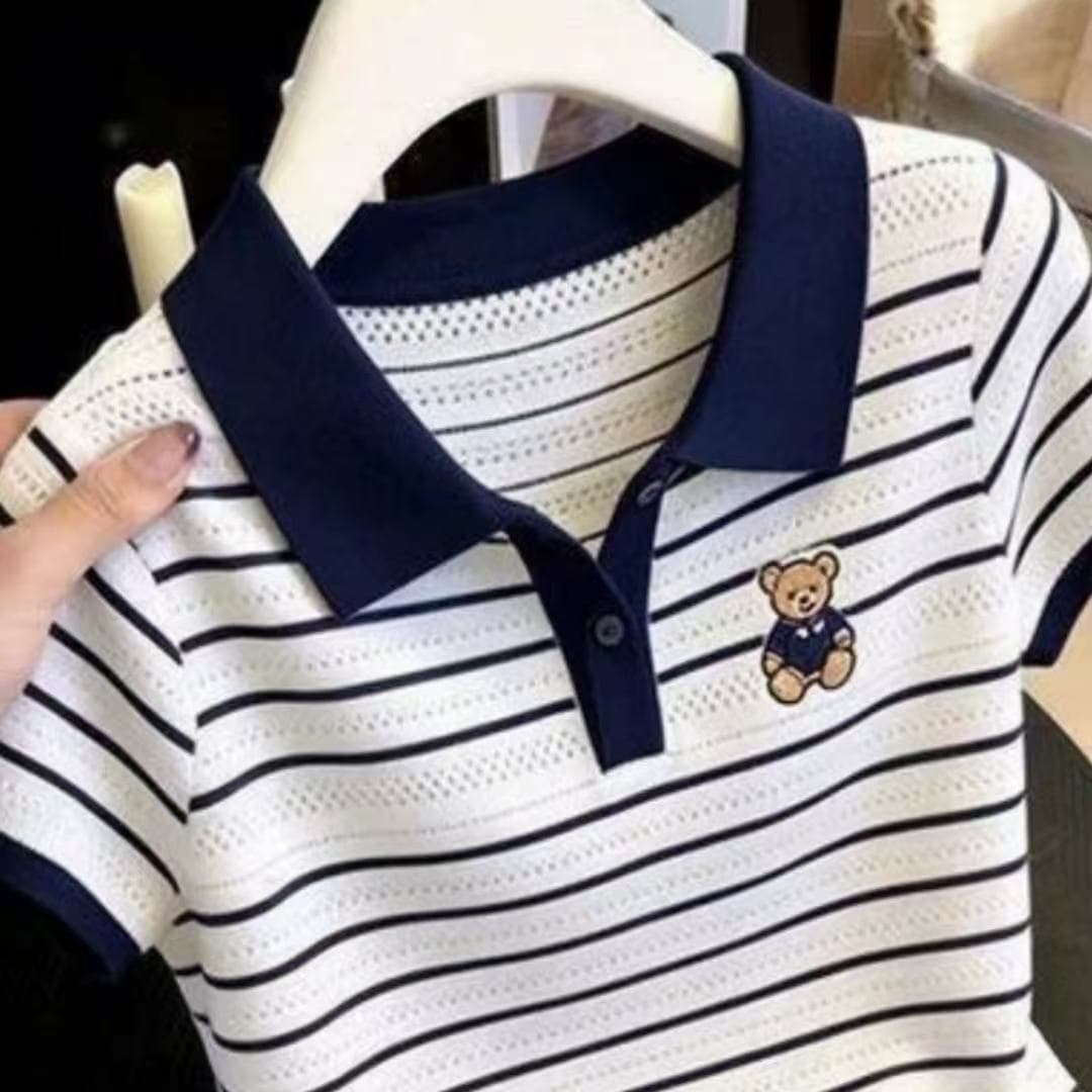 스트라이프 polo 배색 홀로우 아웃 작은 곰 자수 니트 작은 셔츠 2026 새로운 연령 감소 품격 다용도 맨위 상세 이미지 1