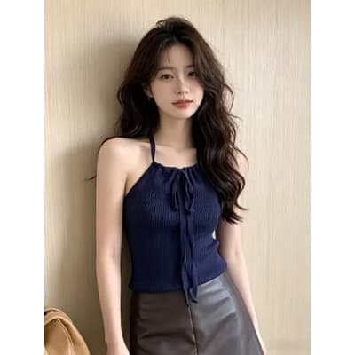 홀로우 아웃 디자인 센스 순수한 욕망 니트 슬립 몸매 가꾸기 조끼 핫걸 새로운 쇼트 스타일 민소매 맨위 슬림해 보이는 기본 셔츠