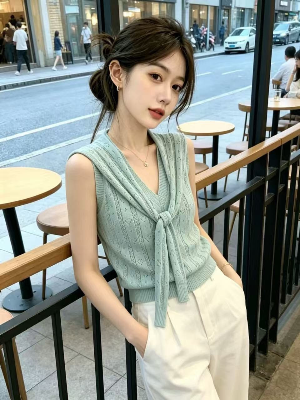 치우 고기 야오 봄날 crush 캐주얼 바람 포함 양모 V넥 니트 조끼 숄 두 조각 여성 세트 여름 이미지 2