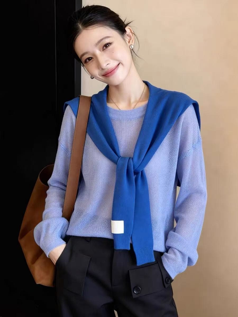 작은 대중 슈퍼 잘 생긴 홀로우 아웃 얇고 가벼운 태양 보호 셔츠 여름 패션 디스플레이 화이트 긴팔 니트 스웨터 숄 아름다운 작은 셔츠 여성 이미지 3