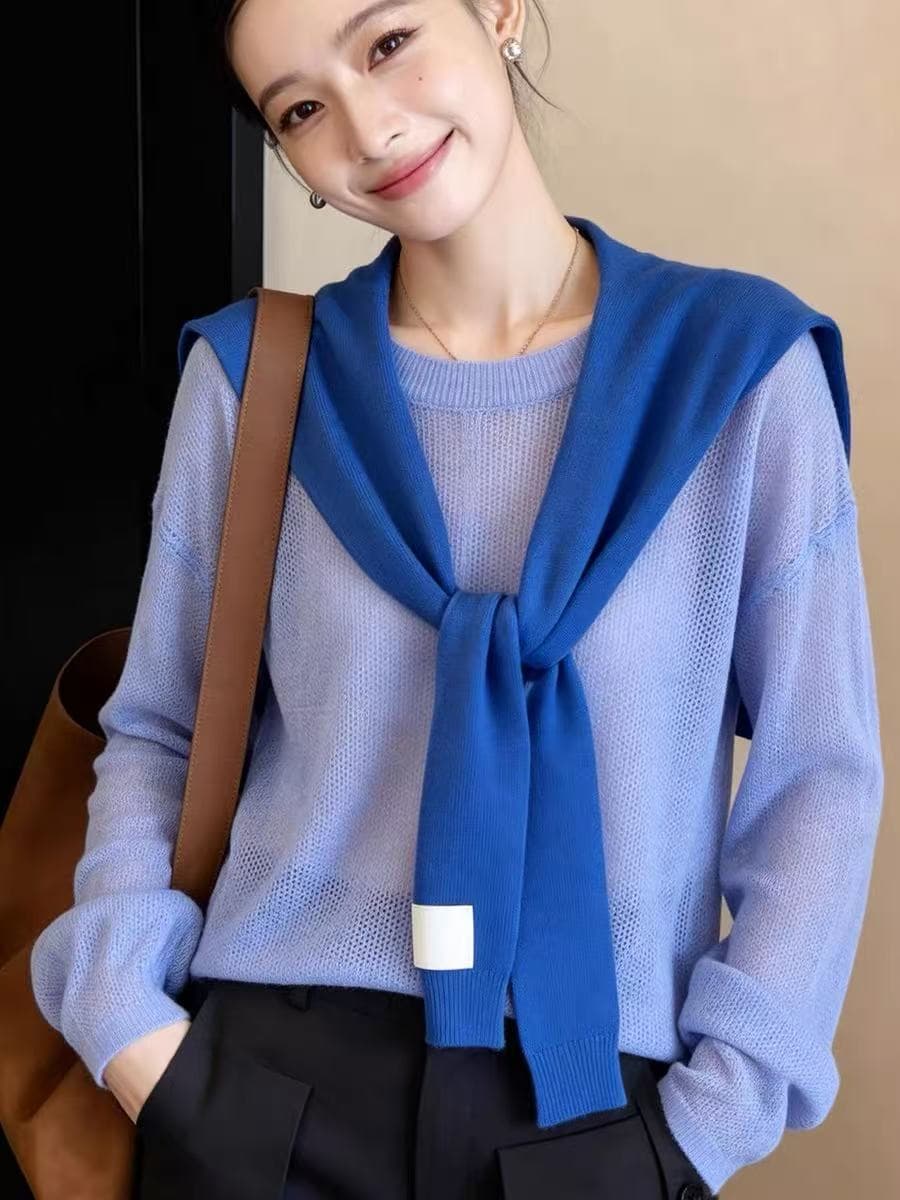 작은 대중 슈퍼 잘 생긴 홀로우 아웃 얇고 가벼운 태양 보호 셔츠 여름 패션 디스플레이 화이트 긴팔 니트 스웨터 숄 아름다운 작은 셔츠 여성 상세 이미지 3