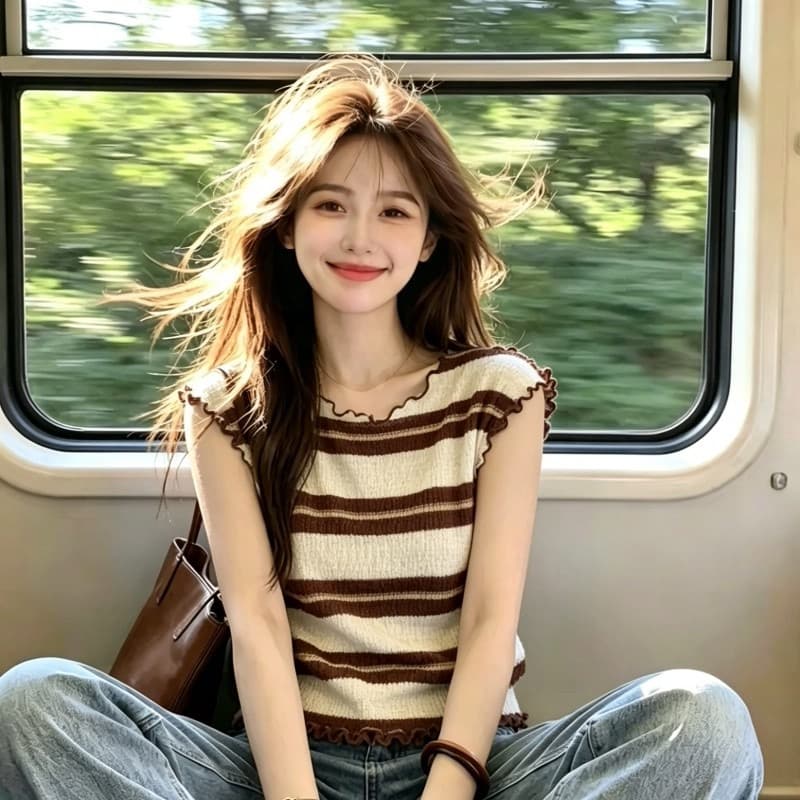 보존 섹션 추천 한 부서 프릴 스트라이프 니트 스웨터 여성 여름 새로운 외국 가스 연령 감소 작은 날다 소매 맨위 상세 이미지 2