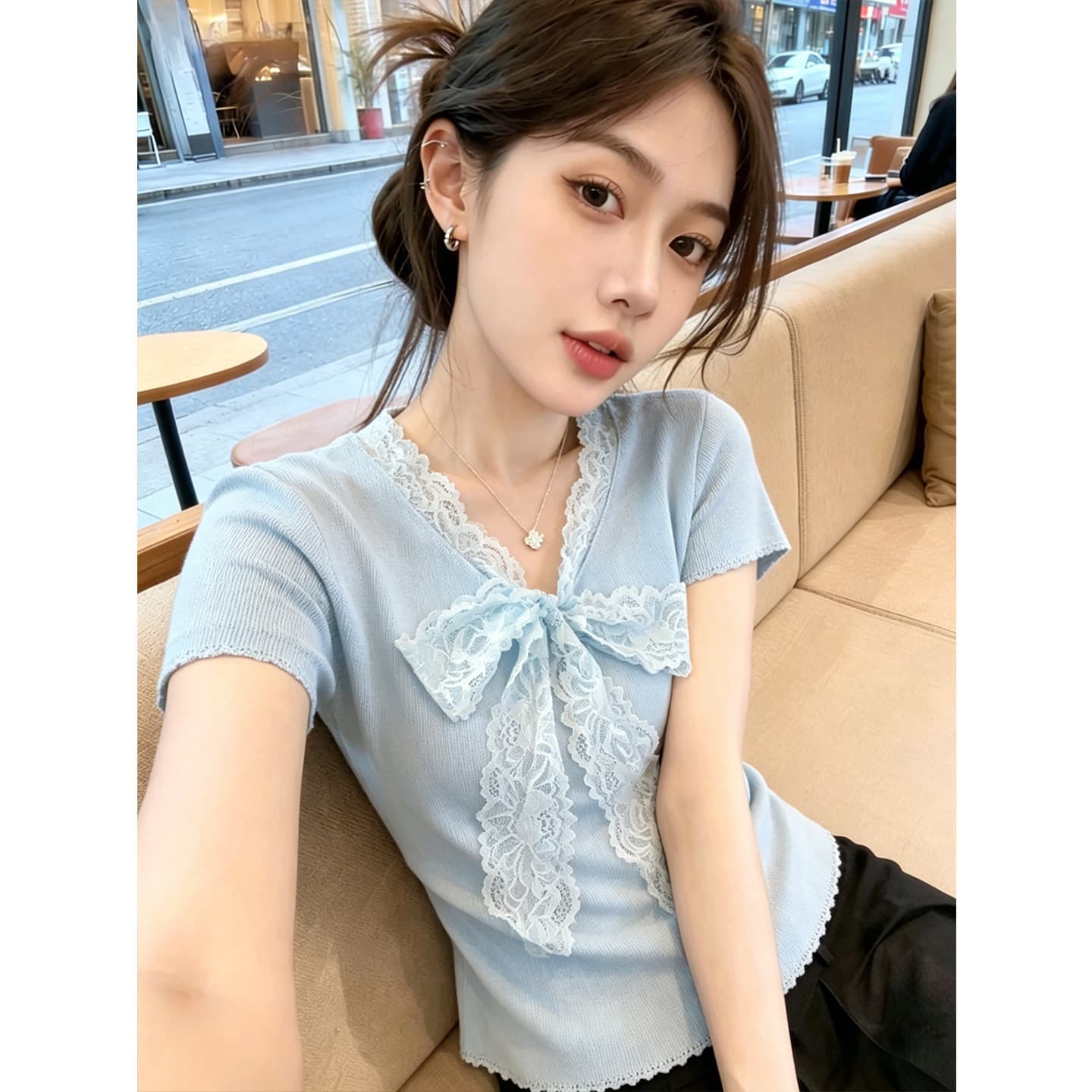 도파민 레이스 나비 매듭 V넥 니트 맨위 여성 여름 작은 키 달콤한 매운맛 허리 수축 슬림해 보이는 반팔 티셔츠 얇은 상세 이미지 3