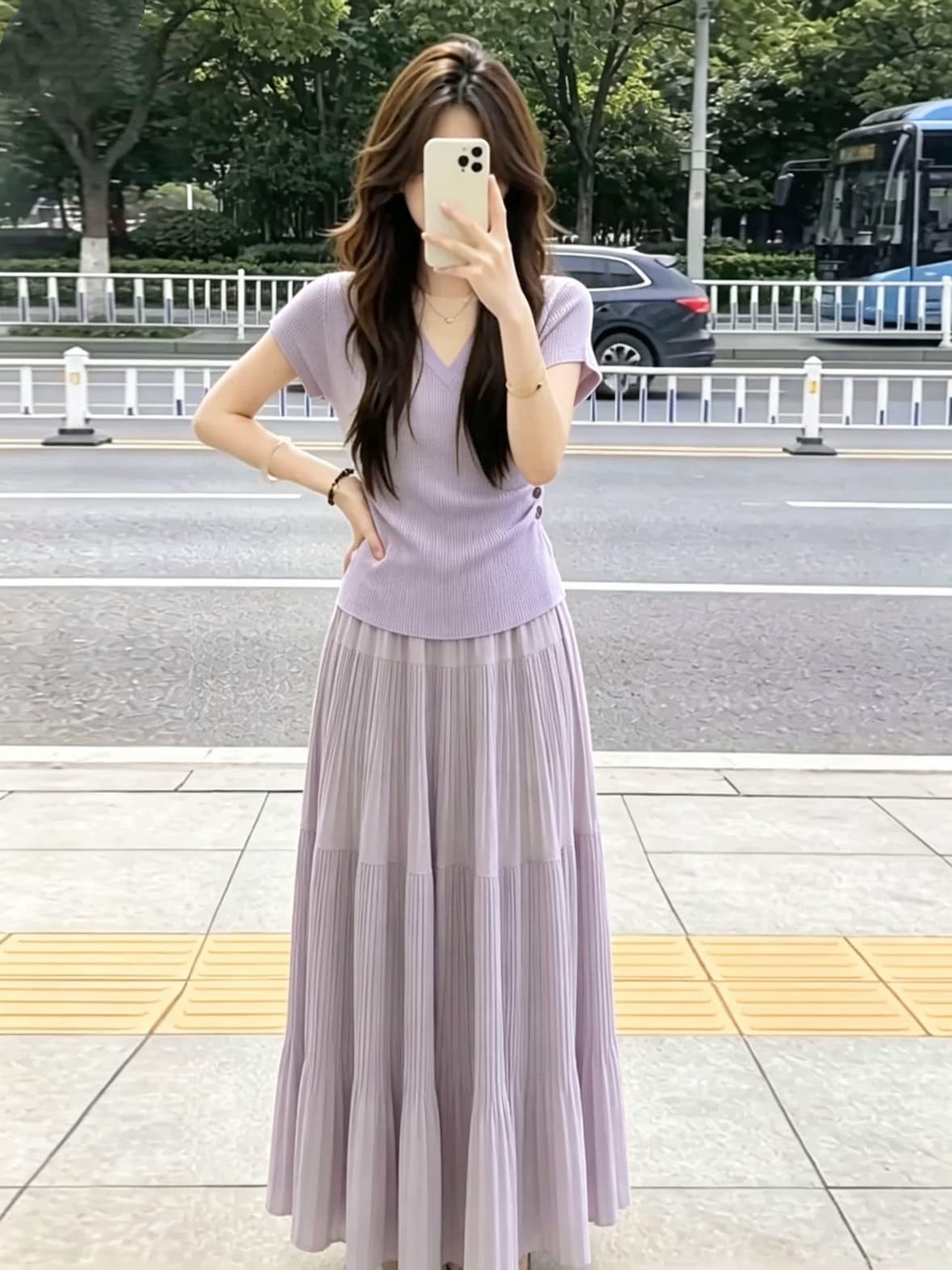 한 부서 그레이트 통해보기 가져 가라. 전체 집합 2026 새로운 보라색 니트 맨위 반신 스커트 부드러운 순수한 욕망 바람 세트 상세 이미지 6