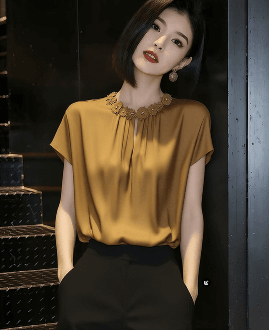 고급 센스 Chic 반팔 셔츠 여성 여름 2026 년 새로운 캐러멜 색상 품격 맨위 다용도 슬림해 보이는 셔츠 상세 이미지 1