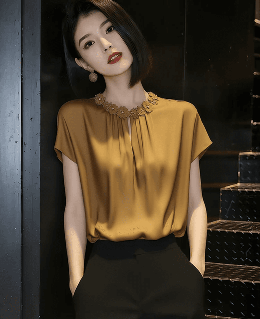 고급 센스 Chic 반팔 셔츠 여성 여름 2026 년 새로운 캐러멜 색상 품격 맨위 다용도 슬림해 보이는 셔츠 상세 이미지 2