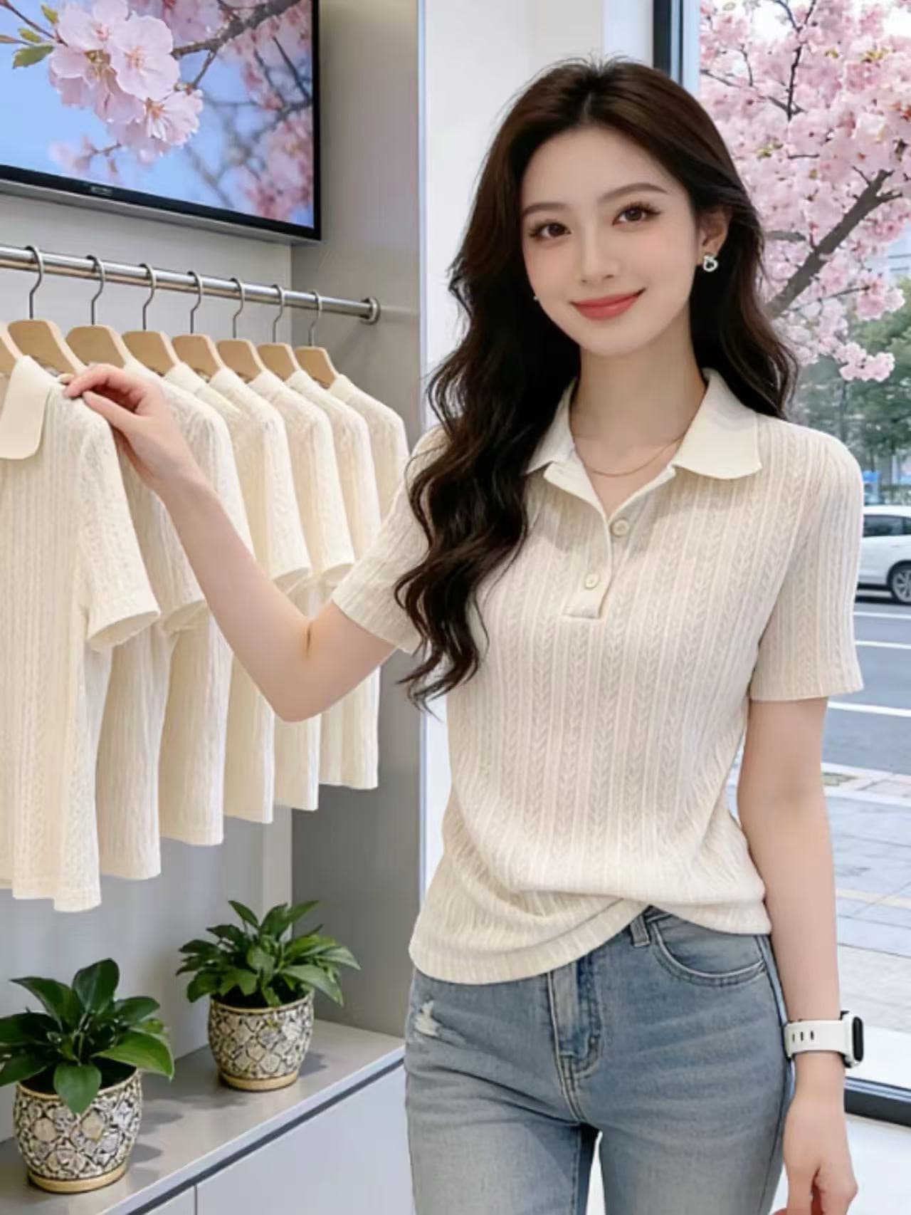 한 부서 부드러운 바람 POLO 칼라 니트 반팔 티셔츠 여성 여름 디자인 센스 세로 줄무늬 몸매 가꾸기 슬림해 보이는 짧은 맨위 이미지 3