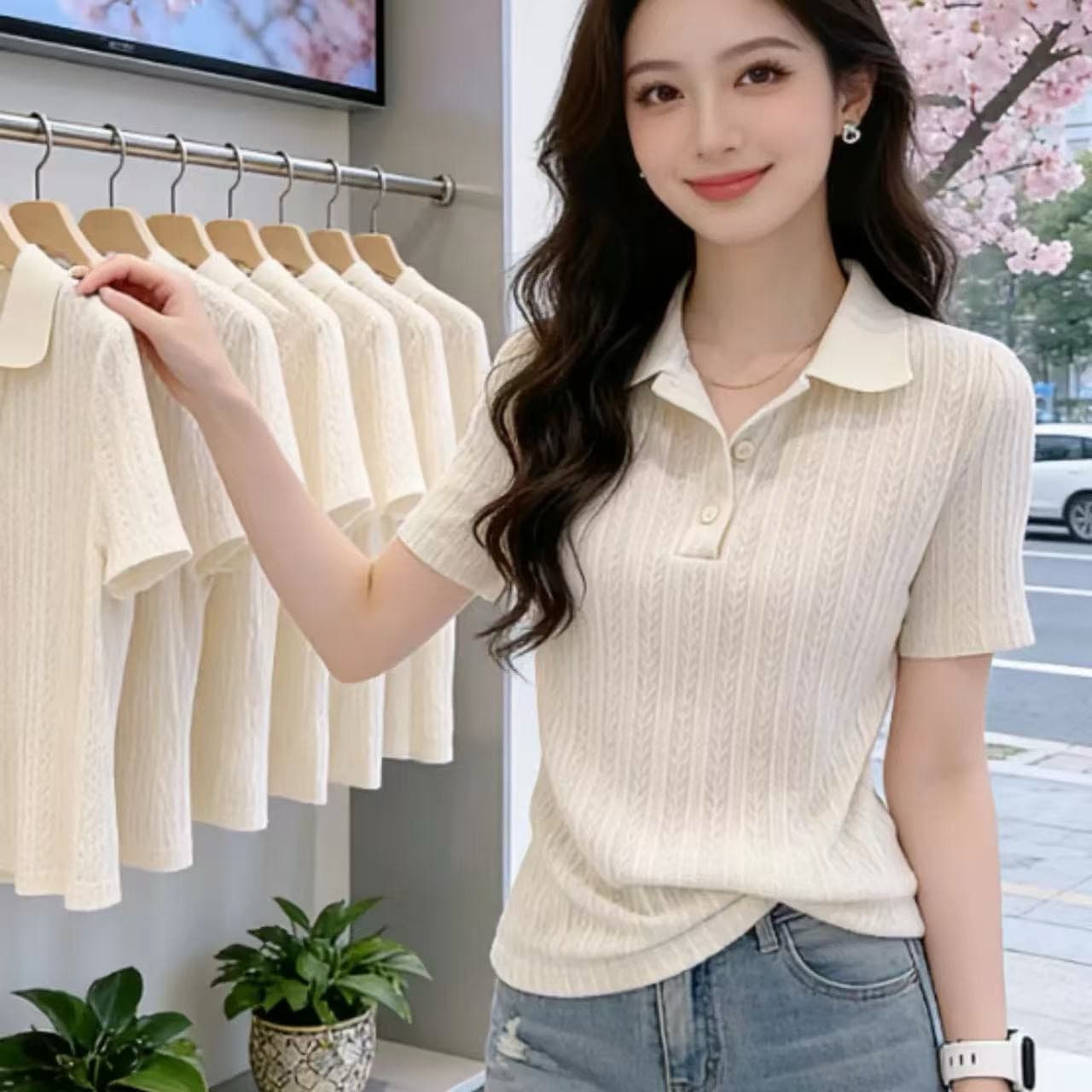 한 부서 부드러운 바람 POLO 칼라 니트 반팔 티셔츠 여성 여름 디자인 센스 세로 줄무늬 몸매 가꾸기 슬림해 보이는 짧은 맨위 이미지 4