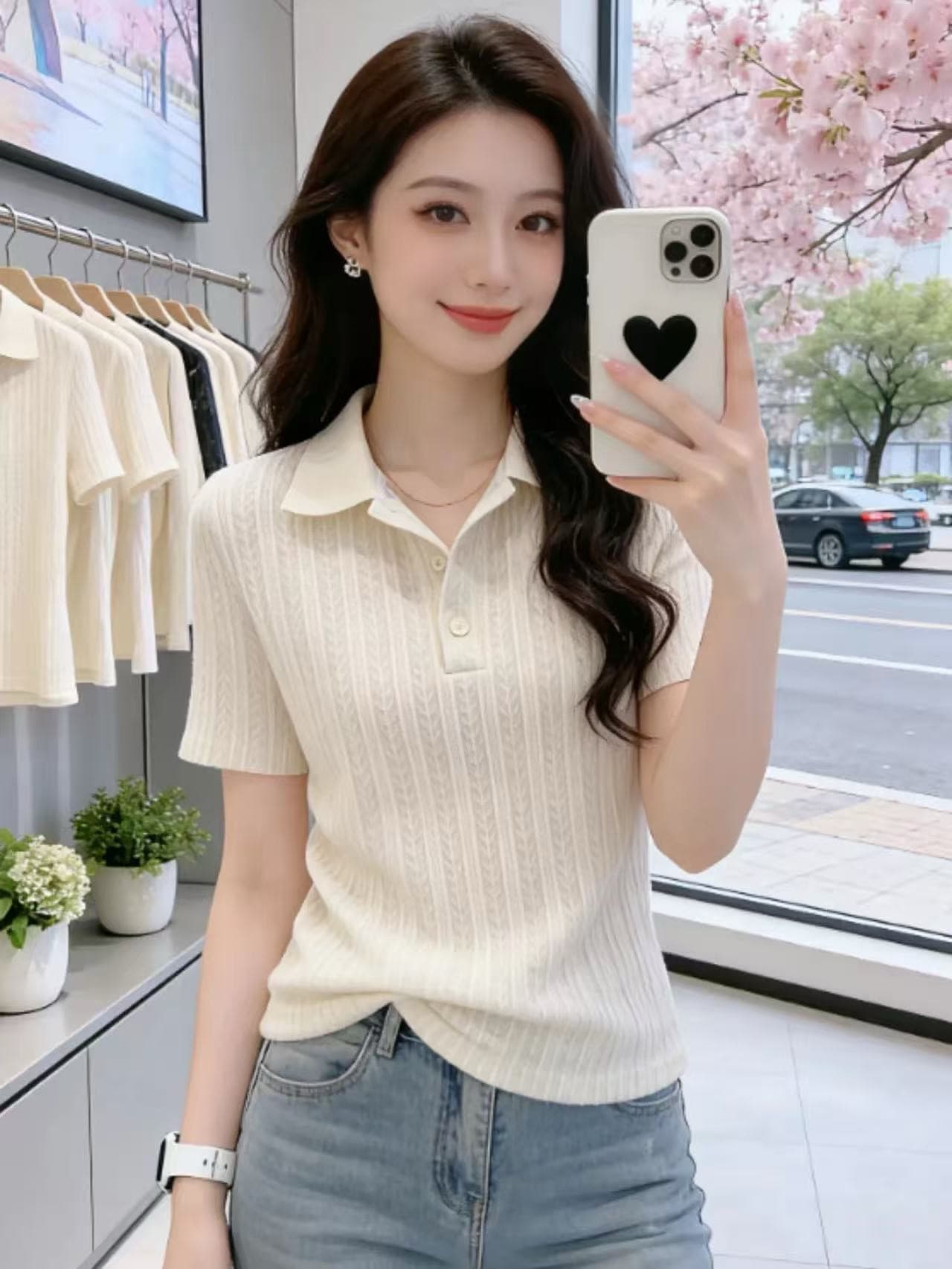 한 부서 부드러운 바람 POLO 칼라 니트 반팔 티셔츠 여성 여름 디자인 센스 세로 줄무늬 몸매 가꾸기 슬림해 보이는 짧은 맨위 상세 이미지 2