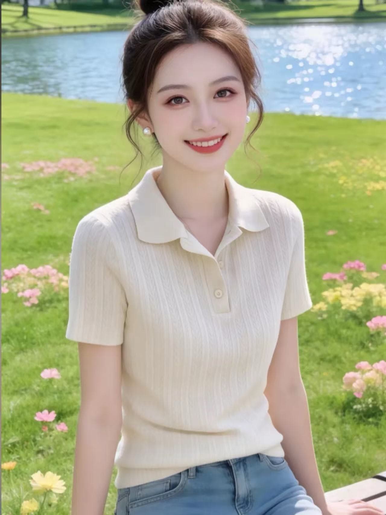 한 부서 부드러운 바람 POLO 칼라 니트 반팔 티셔츠 여성 여름 디자인 센스 세로 줄무늬 몸매 가꾸기 슬림해 보이는 짧은 맨위 상세 이미지 5