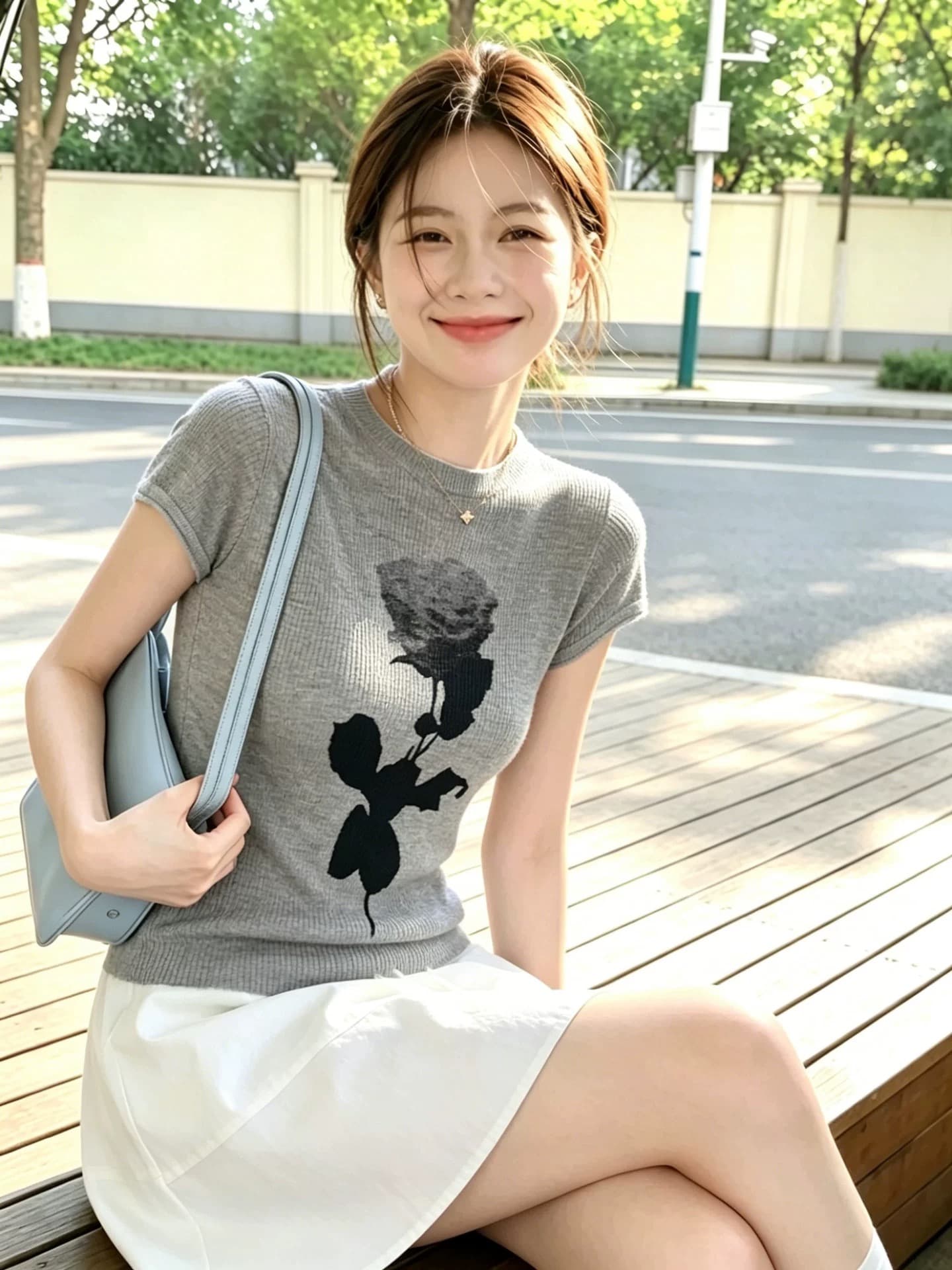 밝은 회색 색상 라운드 넥 프린트 반팔 몸매 가꾸기 티셔츠 여성 2026 여름 예술 건강 밝은 착용 가져 가라. 그리드 레이 첨부 된 의류