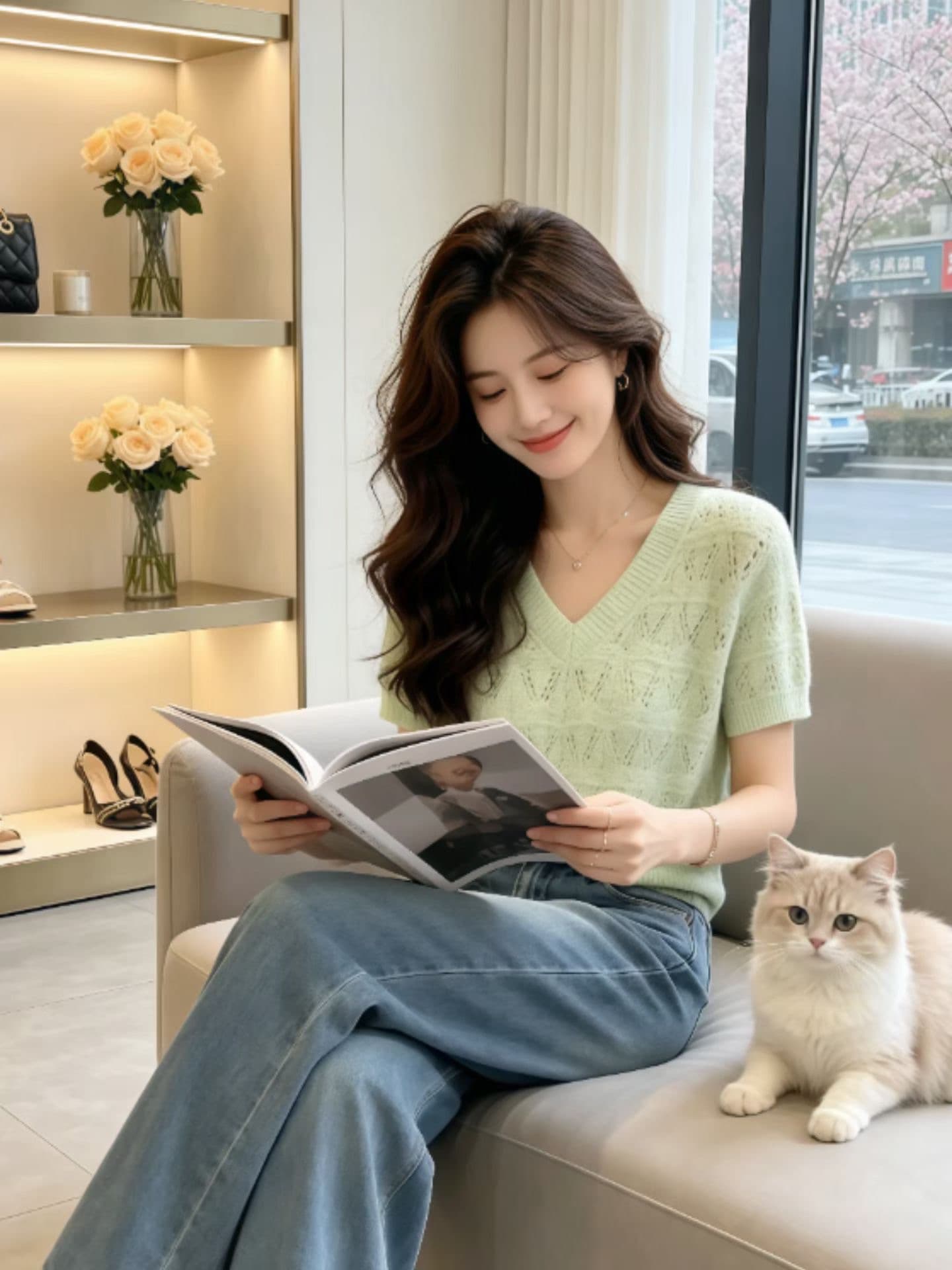 디자인 센스 녹색 홀로우 아웃 V넥 반팔 티셔츠 여성 여름 새로운 외국 가스 연령 감소 다용도 슈퍼 잘 생긴 니트 맨위 이미지 4