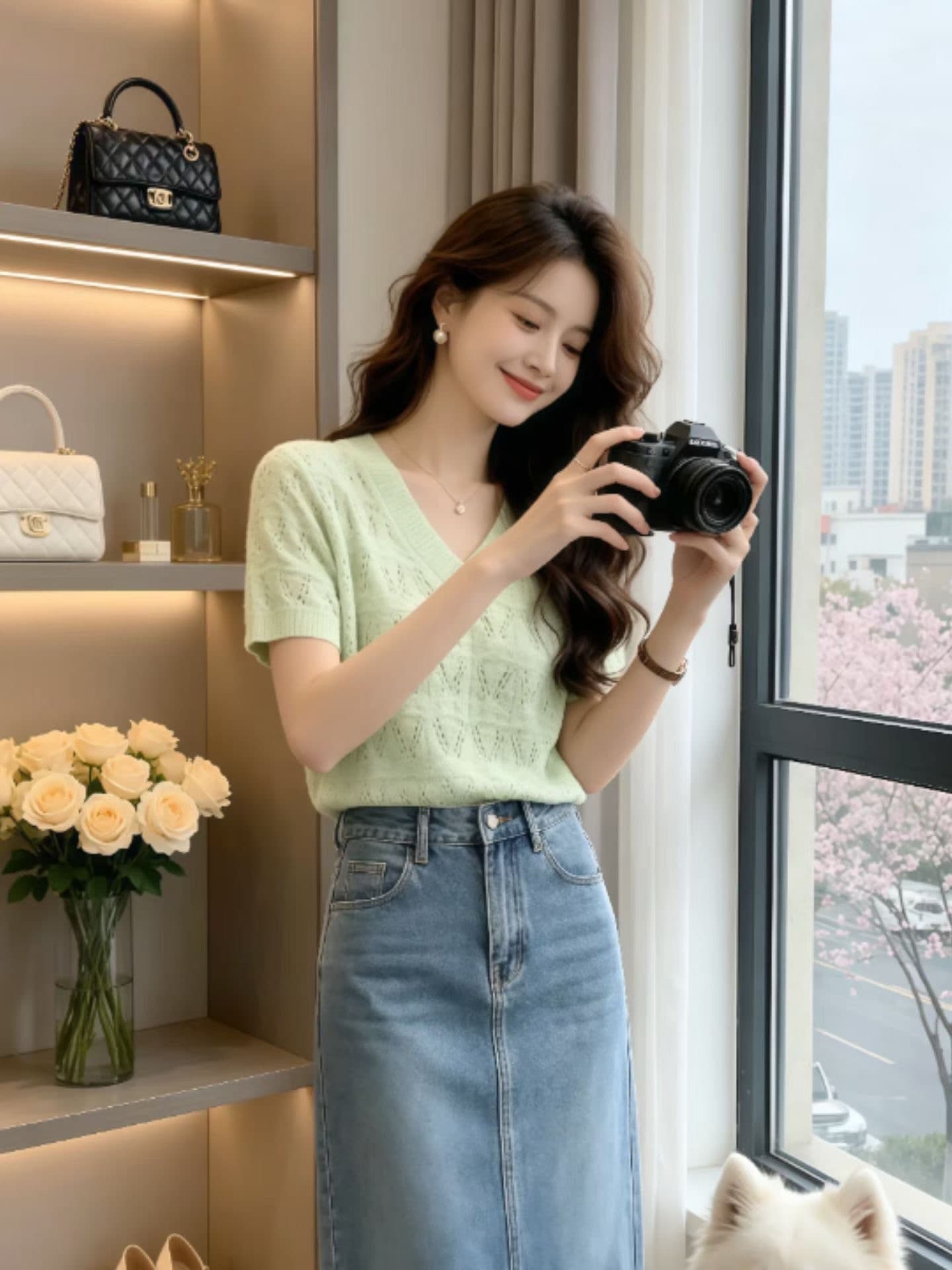 디자인 센스 녹색 홀로우 아웃 V넥 반팔 티셔츠 여성 여름 새로운 외국 가스 연령 감소 다용도 슈퍼 잘 생긴 니트 맨위 상세 이미지 3