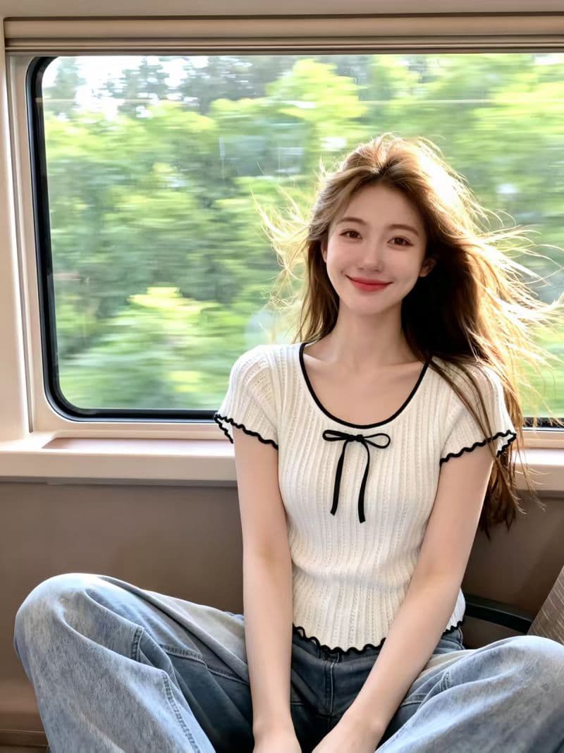 한 부서 배색 칼라 나비 넥타이 얼음 실크 니트 스웨터 2026 여름 새로운 여성 몸매 가꾸기 슬림해 보이는 얇은 스타일 작은 셔츠
