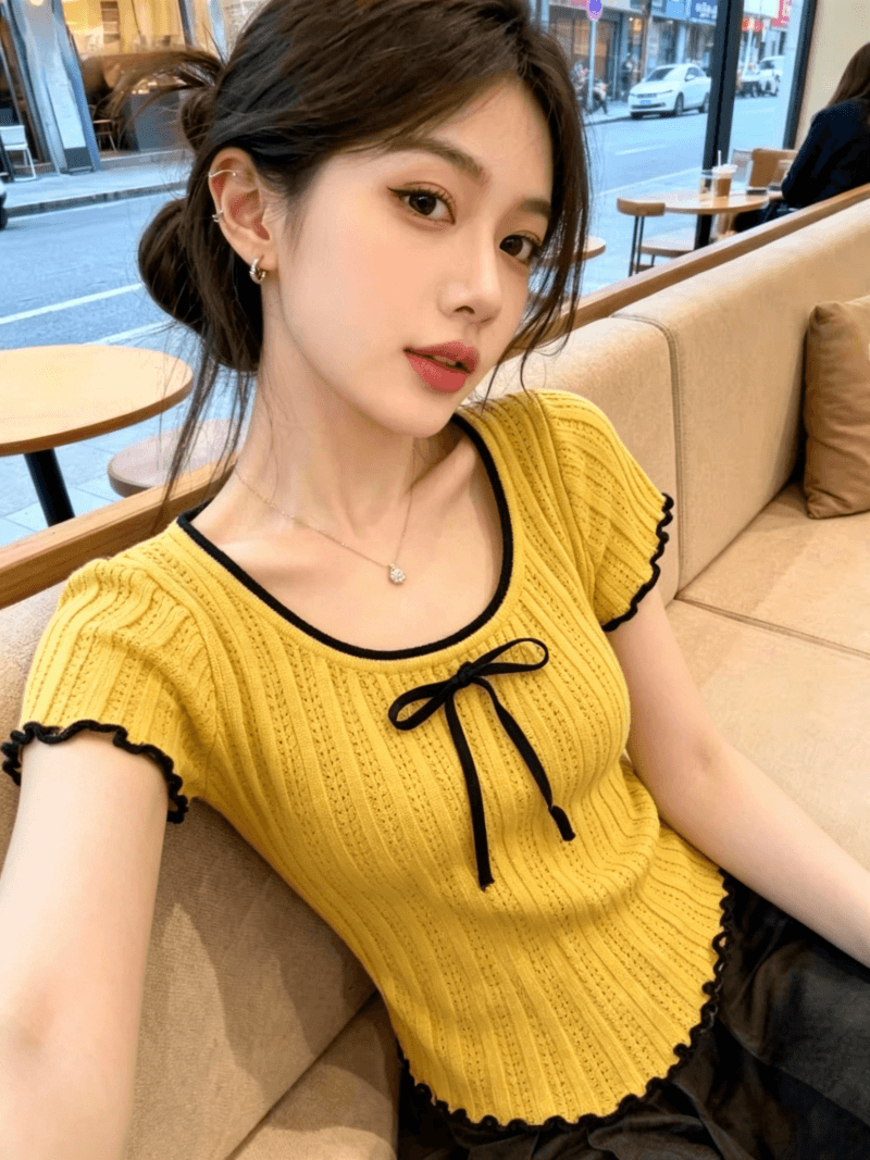 한 부서 배색 칼라 나비 넥타이 얼음 실크 니트 스웨터 2026 여름 새로운 여성 몸매 가꾸기 슬림해 보이는 얇은 스타일 작은 셔츠 상세 이미지 3