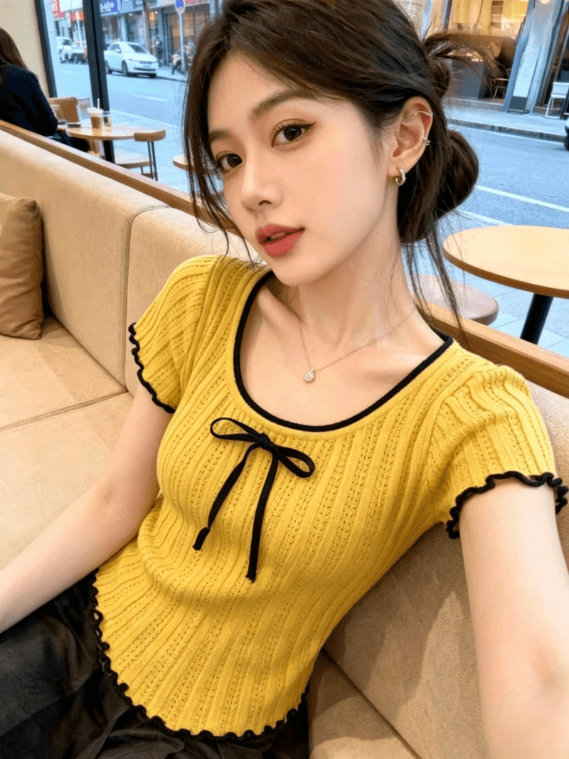 한 부서 배색 칼라 나비 넥타이 얼음 실크 니트 스웨터 2026 여름 새로운 여성 몸매 가꾸기 슬림해 보이는 얇은 스타일 작은 셔츠 상세 이미지 9