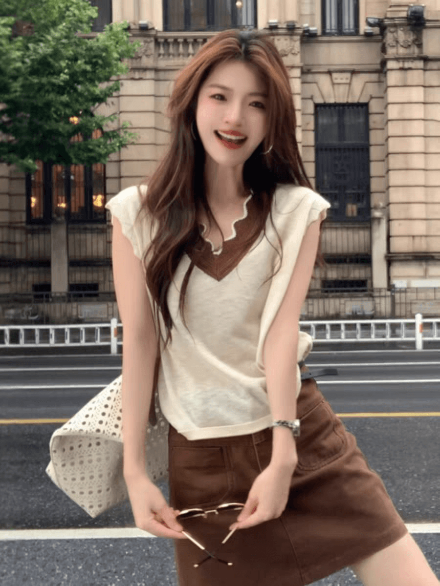 고유 한 아름다운 패치워크 색상 V넥 니트 스웨터 여성 여름 2026 새로운 외국 가스 연령 감소 루즈핏 슬림해 보이는 민소매 맨위 상세 이미지 6