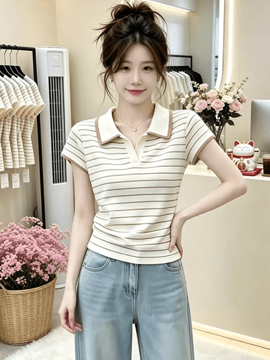 베이지 색 POLO 칼라 티셔츠 여성 2026 여름 몸매 가꾸기 반팔 스트라이프 여름 착용 가져 가라. 아니요 명중 섹션 빛 요리 한 바람 맨위 이미지 2