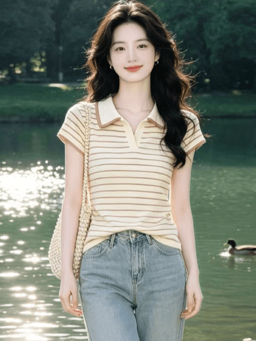 베이지 색 POLO 칼라 티셔츠 여성 2026 여름 몸매 가꾸기 반팔 스트라이프 여름 착용 가져 가라. 아니요 명중 섹션 빛 요리 한 바람 맨위 이미지 3